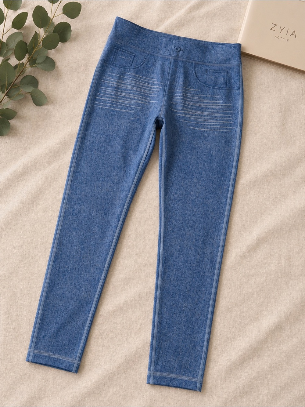 ZYIA Active Denim-Look Blue Leggings – High-Rise Faux Pocket Detail